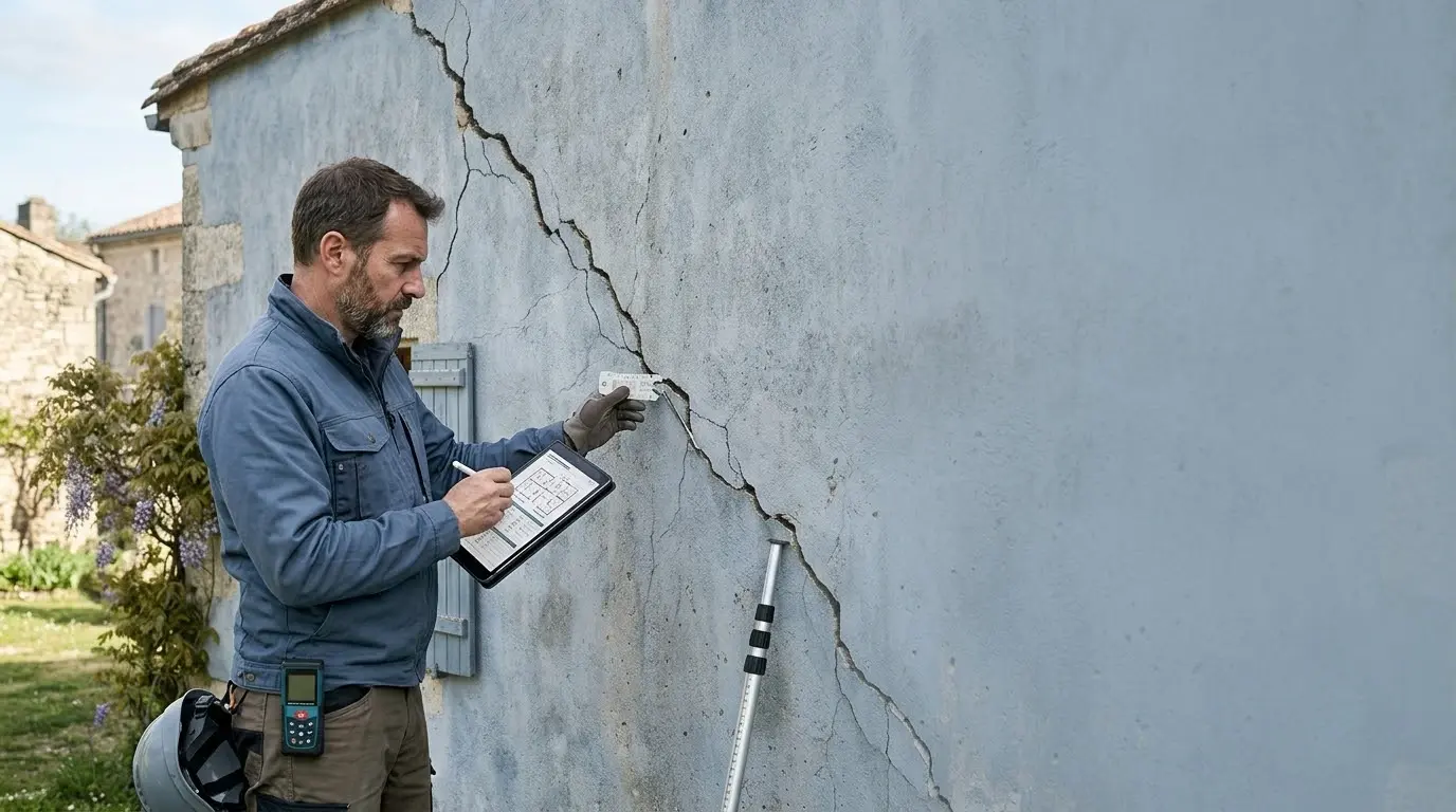 Expert relevant une fissure en façade avec un instrument de mesure