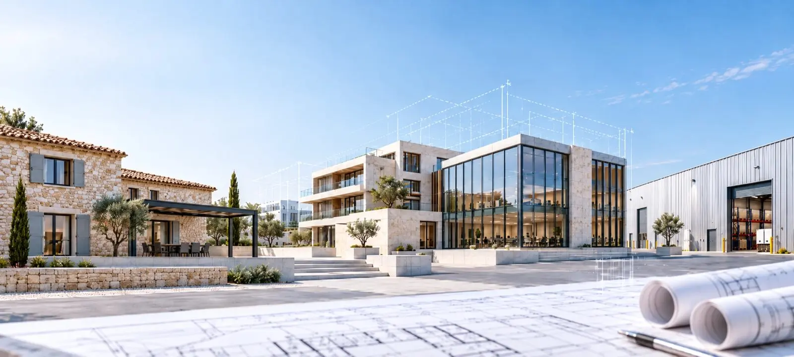 Houses, office buildings and business premises on architect’s plans