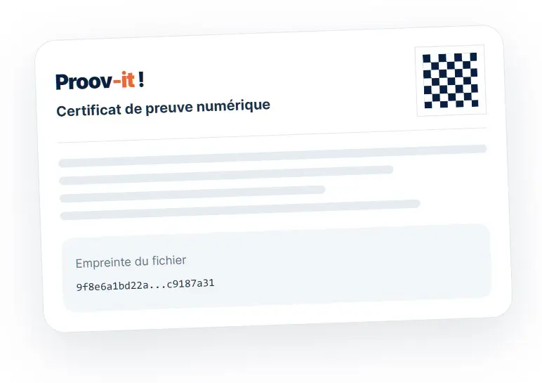 Proov-it evidence certificate showing the date, position and fingerprint of the file